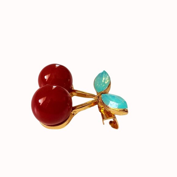 Red Enamel Cherry Brooch Pin Green Acrylic Gem Gold Tone Metal - Picture 11 of 14